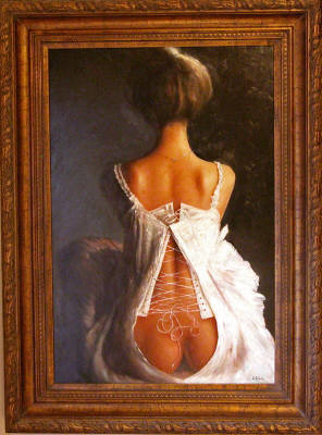 G. Davis. Half-dressed woman in corset. Size of picture 24-inch x 36-inch. Sold framed 33�-inch x 45�-inch. $5,995.