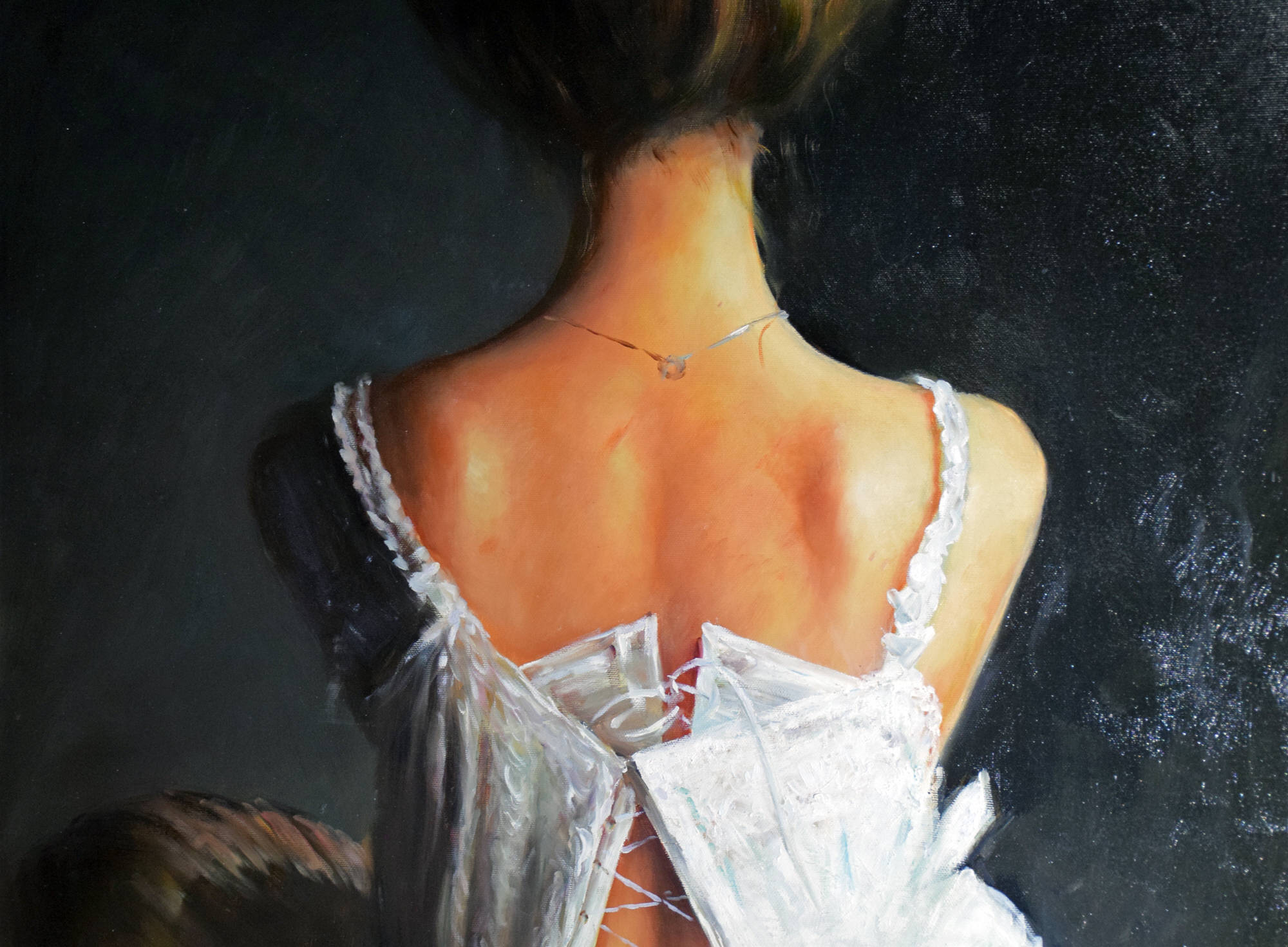 G. Davis. Half-dressed woman in corset. Detail (top.)